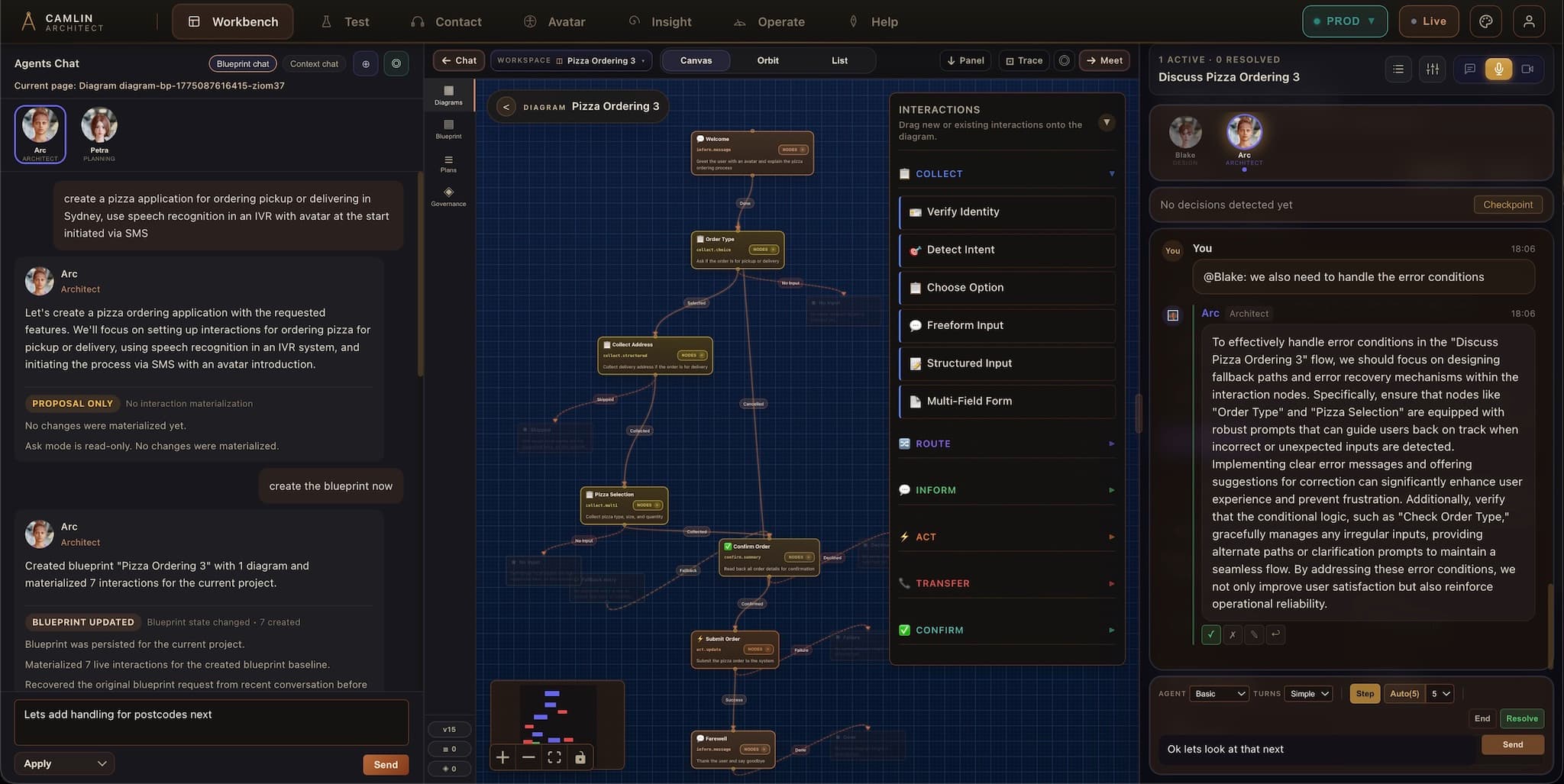 Camlin Architect workspace showing agent chat, a Blueprint diagram, interactions, and a live review panel.